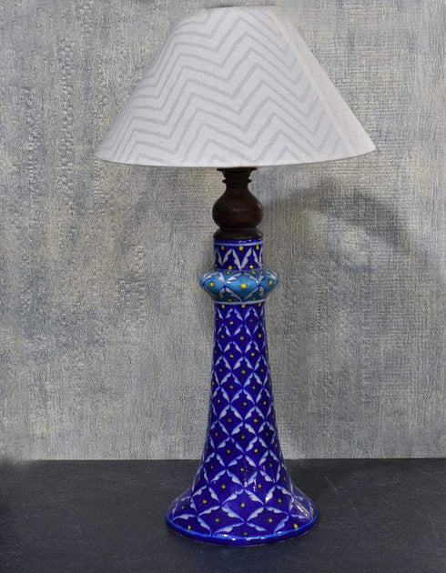 Jaipur Blue Pottery Handmade Lamp 12 Without Shade in Blue & White Geometrical Design With Yellow Dots (Without Lampshade)